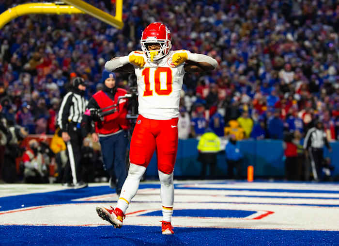 Kansas City running back Isiah Pacheco celebrates after scoring a touchdown against the Buffalo Bills.